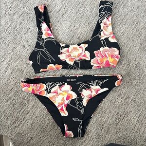 Roxy Black Bikini with Pink and Orange Floral Pattern